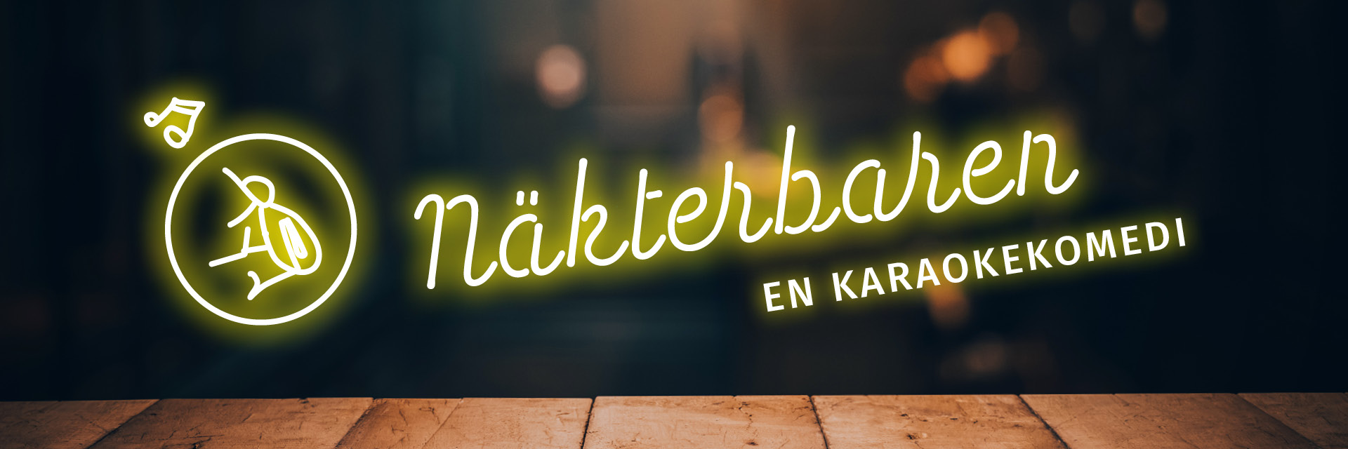 Advertisement image for the "Näkterbaren" performance. Written in text resembling neon tubes "Näkterbaren" and underneath in large neon letters "A karaoke comedy." On the left side, within a neon circle, there is an outline of a bird. Outside the circle is a neon-colored musical note, appearing to emanate as a song from the bird's mouth.
