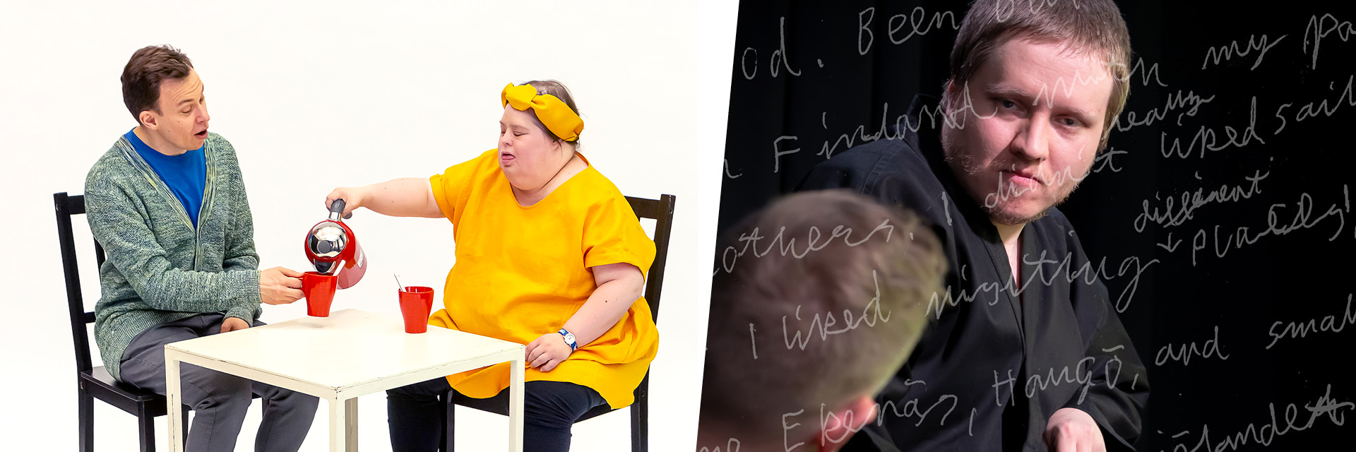 The header image is divided into two parts. In the left-hand image, the Vardag performance is advertised, featuring dancer Carl Knif and DuvTeatern actor Pia Renes enjoying a tea moment while sitting at a table. The right-hand image represents the Sense of Hope performance, where DuvTeatern dancer Emil Nordman looks sternly at his dance partner against a black background. The latter image is adorned with faint excerpts from a handwritten diary.
