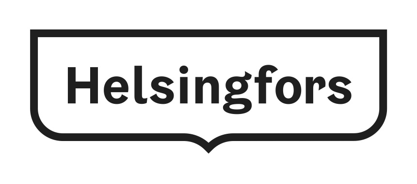 Helsingfors stads logotyp. Runt texten 'Helsingfors stad' finns en bred vapensköldformad svart ram.