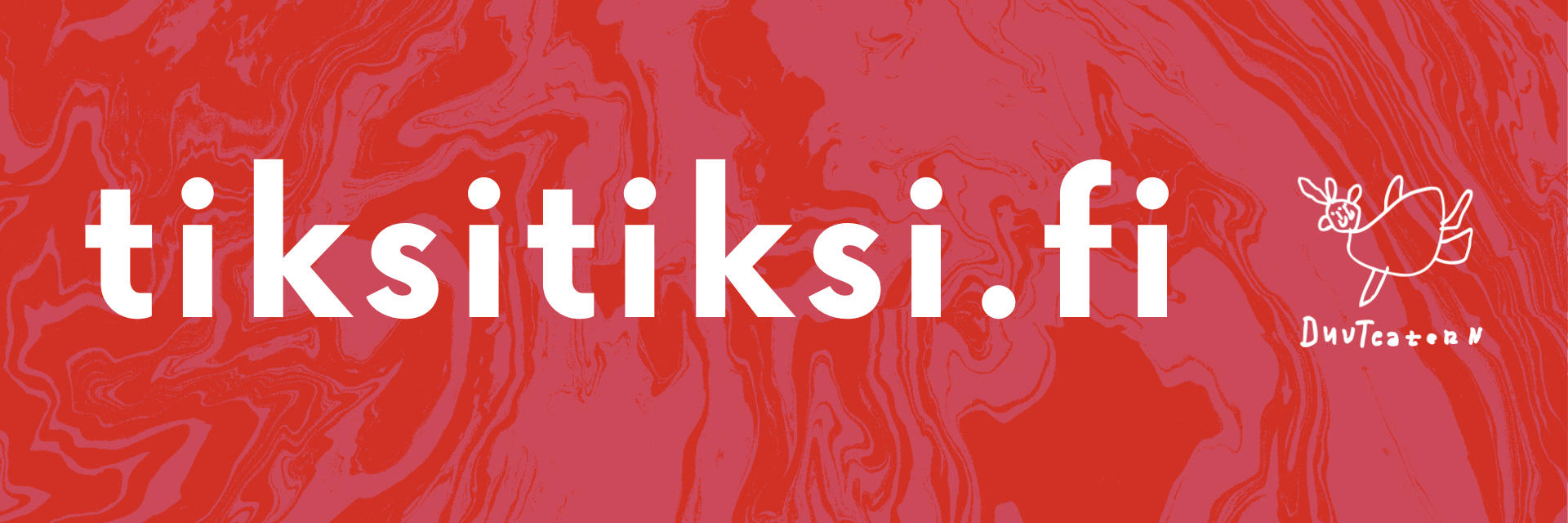Valkoinen teksti ja DuvTeaternin logo punaisella taustalla. Teksti: tiksitiksi.fi