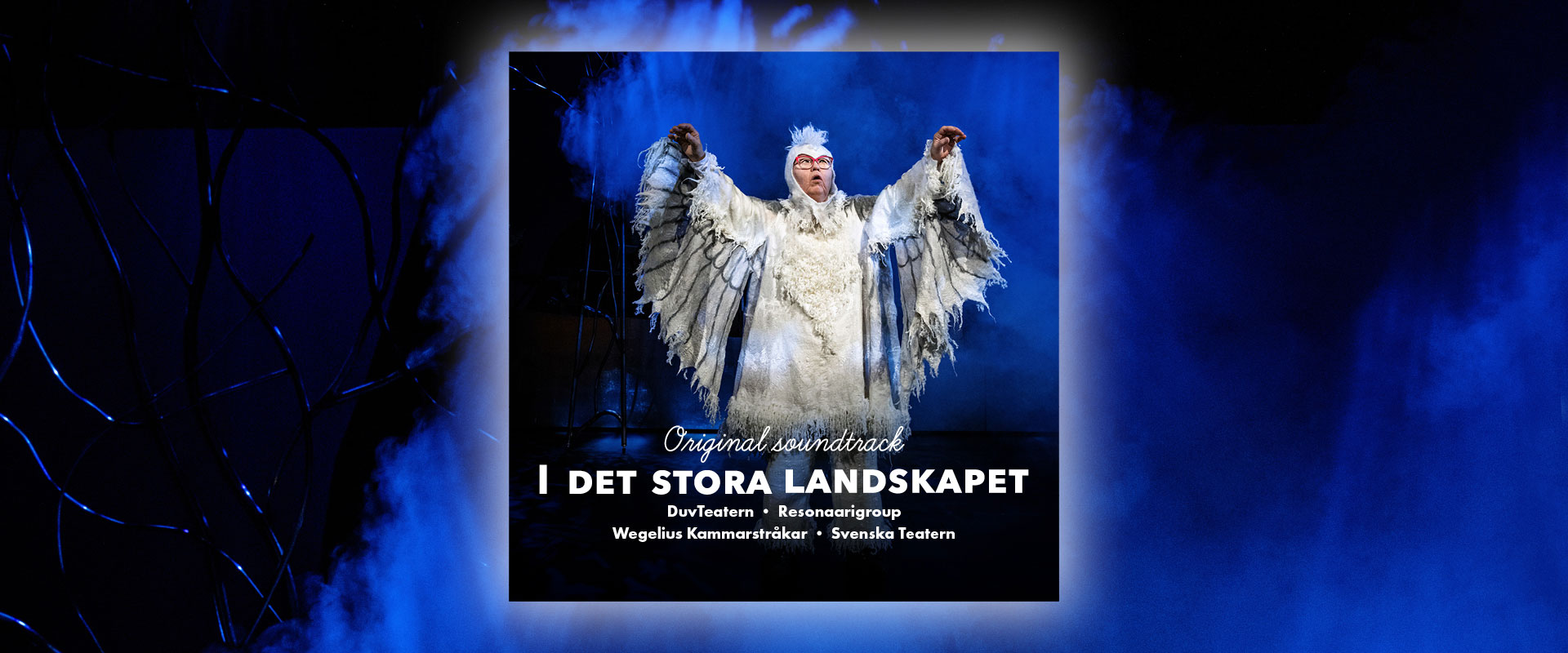 The cover of the Original soundtrack “I det stora landskapet”, made by DuvTeatern, Resonaarigroup, Wegelius Kammarstråkar and Svenska Teatern. The background is a mix of blue and black, the blue color is a reflection against stage smoke. In front DuvTeatern actress Irina von Martens with her arms stretched to the sides like her role as an owl.