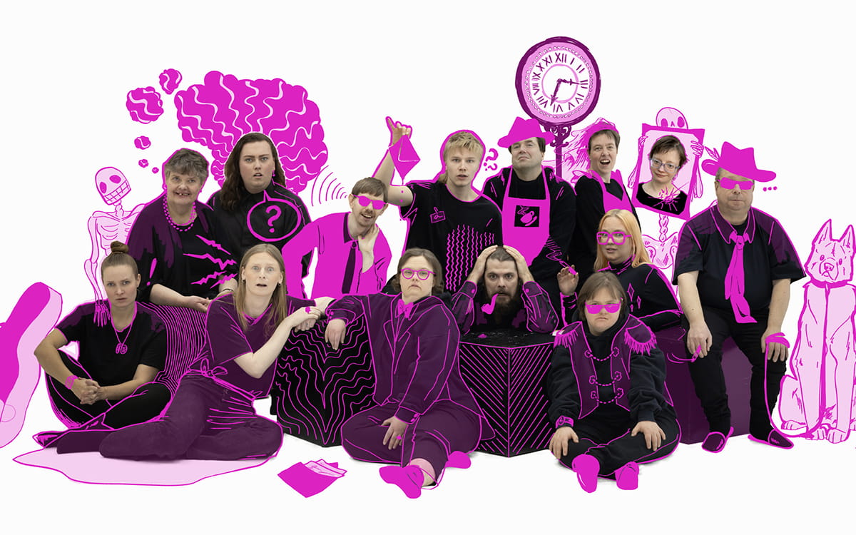 Kuvassa on ryhmä ihmisiä, 14 henkilöä, jotka ovat pukeutuneet mustiin. He seisovat ja istuvat eri asennoissa. Joku näyttää iloiselta, joku yllättyneeltä, joku epäluuloiselta ja joku pelästyneeltä. Kaikki katsovat suoraan kameraan. Kuvaan on lisätty  värillisiä kuvituksia kirkkaan pinkillä värillä. Kaikilla henkilöillä on kuvitettuja pinkkejä vaatteita tai yksityiskohtia kuten hattuja, laseja, aurinkolaseja tai piippuja suupielissä. Ihmisten takana on graafisia elementtejä ja hahmoja, kuten luuranko, koira ja kello.