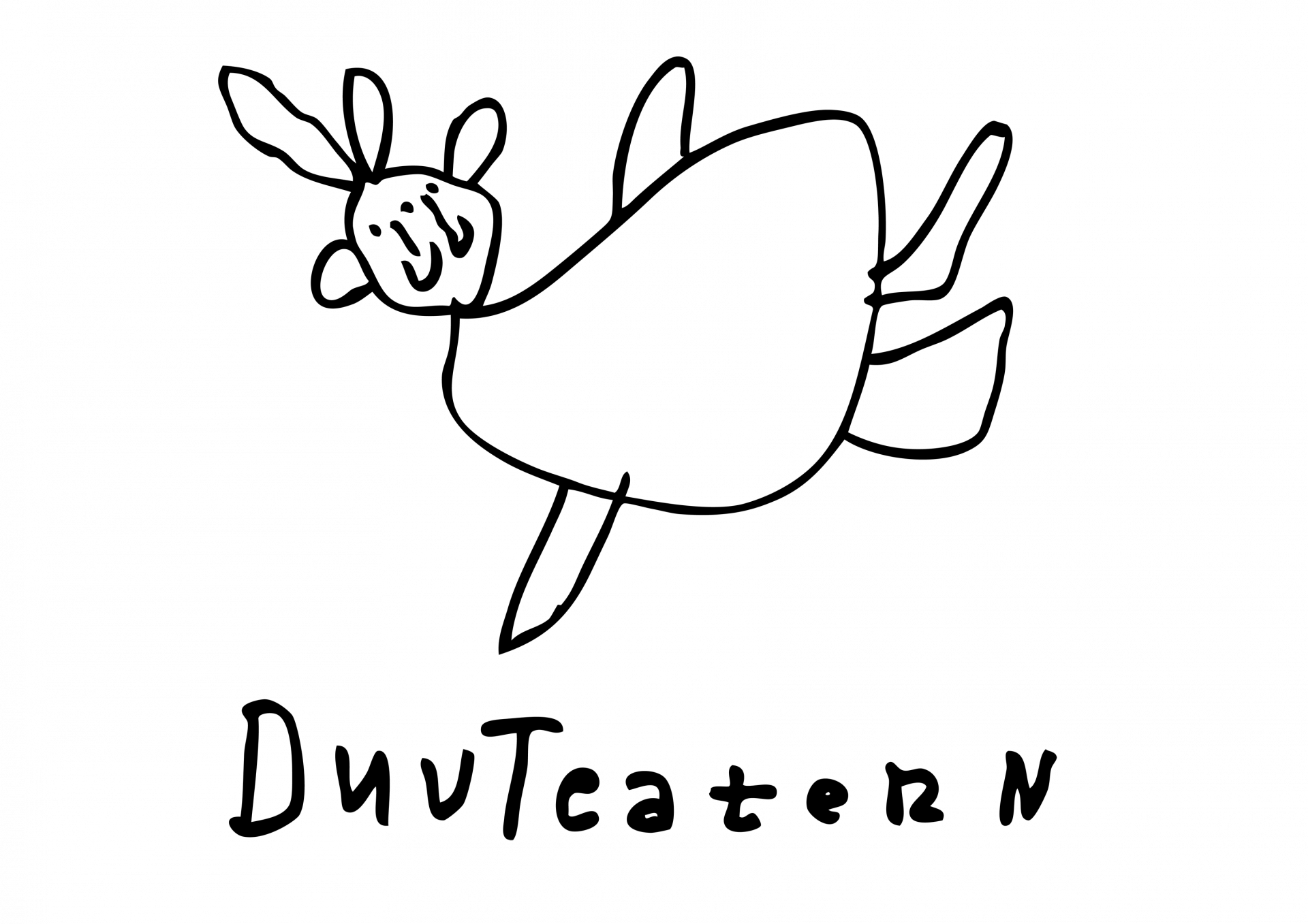 DuvTeaternin logo, jossa piirretty lentävä pulu ja sen alla DuvTeatern käsin kirjoitettuna tekstinä.