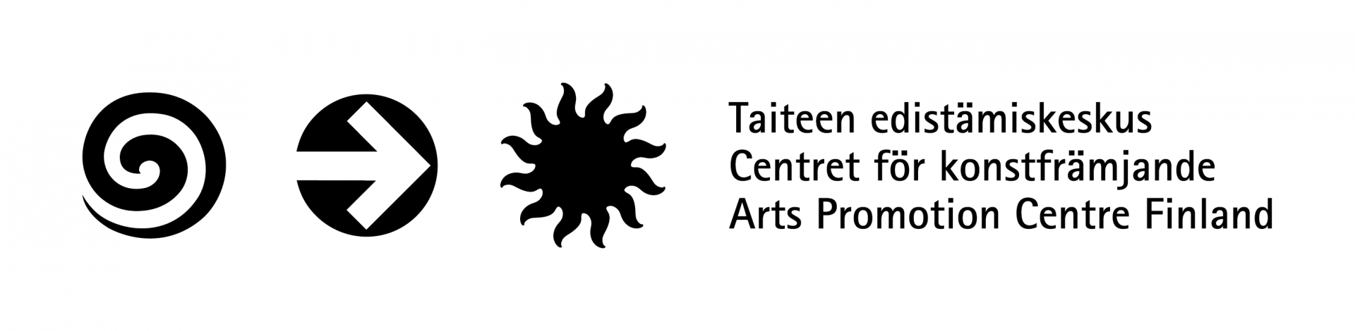 Taiteen edistämiskeskuksen logo. Logon vasemmalla puolella on kolme ympyränmuotoista symbolia; kierre, nuoli joka osoittaa oikealle sekä musta aurinko. Symbolien jälkeen on keskuksen nimi kolmella kielellä toistensa alla: Taiteen edistämiskeskus, Centret för konstfrämjande ja Arts Promotion Centre Finland.